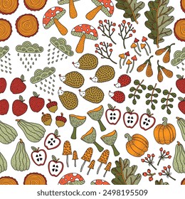 Autumn season seamless pattern with mushrooms, hedgehog,pumpkin and fall leaves. Cute background with wild plants and cute animal.Vector