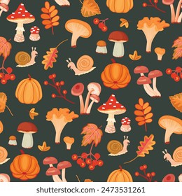 Autumn season seamless pattern with mushrooms,snail,pumpkin and fall leaves.Cartoon background with wild plants and cute animal.Vector design with farm fruit and forest harvest.Endless wallpaper,cover