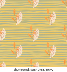 Autumn season seamless pattern with orange rowan berries and leaves print. Striped yellow and blue background. Designed for fabric design, textile print, wrapping, cover. Vector illustration.