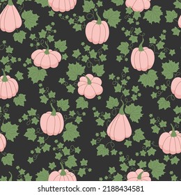 Temporada de otoño, patrón sin fisuras con calabaza y hojas en un fondo oscuro. Perfecto para el fondo de Acción de Gracias textiles banners papel de pared envoltura 