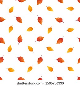 Autumn season seamless pattern. Yellow and orange leaves on white backdrop. Fall vector background.