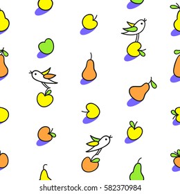 Autumn season seamless vector pattern. Little funny birds are flying and picking apples and pears. Cute hand drawn graphic elements for kids. Perfect for wrapping, packaging, textile design.