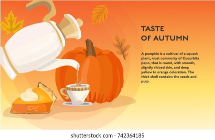 Autumn season seamless vector pattern with teapot, cup, pumpkin pie and yellow leaves poster design. Illustration with place for text