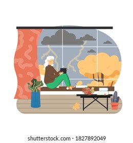 Autumn Season. Senior Woman Sitting On Windowsill With Cup Of Hot Tea, Flat Vector Illustration. Stormy Autumn Weather With Lightning And Thunder Outside The Window.