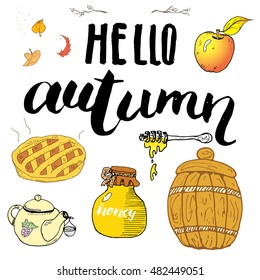 Autumn season set. Hand drawn doodles and lettering vector illustration