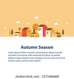 Autumn season in small town, tiny village view, row of residential houses, beautiful neighborhood, real estate development, vector flat design illustration