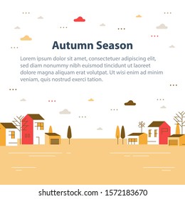 Autumn season in small town, tiny village view, row of residential houses, beautiful neighborhood, real estate development, vector flat design illustration