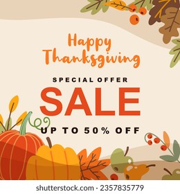 Autumn season square background. Cute and cozy autumn hand drawn design elements. Thanksgiving and Harvest Day sale on social media.  Vector illustration