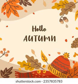 Autumn season square background. Cute and cozy autumn hand drawn design elements. Vector illustration