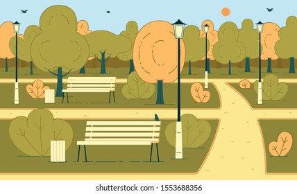 Autumn Season Sunny Day in City Park or Square Flat Vector Background with Flying Birds, Pathways, Green, Brown and Yellow Leaves on Trees, Trash Cans and Lampposts near Wooden Benches Illustration