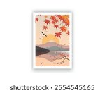 Autumn season at sunset in Japan. Hand drawn, Vector illutration. Vintrage travel poster. Wall Art and Print Set for Hikers, Campers, and Stylish Living Room Decor.