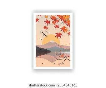 Autumn season at sunset in Japan. Hand drawn, Vector illutration. Vintrage travel poster. Wall Art and Print Set for Hikers, Campers, and Stylish Living Room Decor.