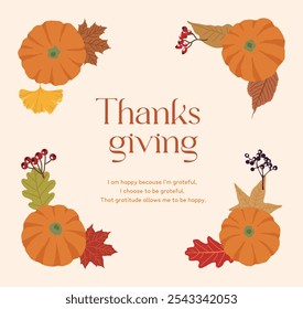 Autumn season Thanksgiving concept card, frame, border, poster and banner design. Illustration of various fallen leaves and pumpkins.