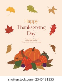 Autumn season Thanksgiving concept card, poster and banner design. Illustration of various fallen leaves, ginkgo leaf, maple leaf, fig, pumpkins.