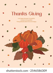 Autumn season Thanksgiving concept card, poster and banner design. Illustration of various fallen leaves, pumpkins.