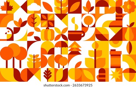 Autumn season and thanksgiving geometric pattern with leaves, pumpkins, coffee cup and trees. Vector mosaic tile background in fall colors with seasonal harvest, thanksgiving elements and nature motif