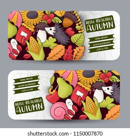 Autumn season theme concept. Horizontal banner template set.  Modern hand drawn doodle design. Vector illustration.