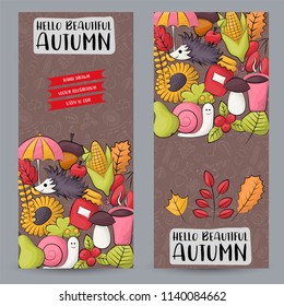 Autumn season theme concept. Vertical banner template set.  Modern hand drawn doodle design. Vector illustration.