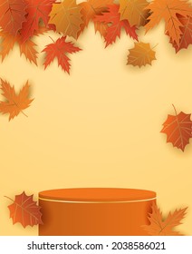 Autumn season theme product display podium. Design with leaves on orange background. paper art style. vector.