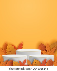 Autumn season theme product display podium. Design with leaves on orange background. paper art style. vector.