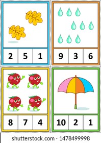 Autumn season themed counting 1 to 10 practice for kids worksheet or four task cards (when cut along the dotted lines): Count. Circle the correct answer. - Language independent.