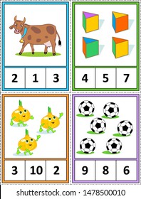 Autumn season themed counting 1 to 10 practice for kids worksheet or four task cards (when cut along the dotted lines): Count. Circle the correct answer. - Language independent.