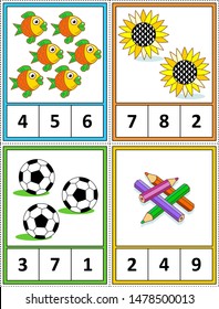 Autumn season themed counting 1 to 10 practice for kids worksheet or four task cards (when cut along the dotted lines): Count. Circle the correct answer. - Language independent.