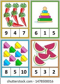 Autumn season themed counting 1 to 10 practice for kids worksheet or four task cards (when cut along the dotted lines): Count. Circle the correct answer. - Language independent.