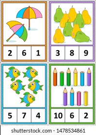 Autumn season themed counting 1 to 10 practice for kids worksheet or four task cards (when cut along the dotted lines): Count. Circle the correct answer. - Language independent.