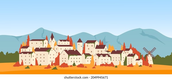 Autumn season in town or village mountain landscape vector illustration. Cartoon European city buildings among orange red trees, architecture and mill, autumn cityscape in Europe background