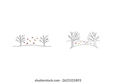 Autumn Season Trees With Falling Leaves Minimalist Line Art Illustration