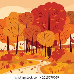Autumn Season Trees And Leaves Nature Vector Flat Illustration