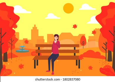 Autumn season vector concept: woman drinking a cup of coffee happily at the autumn park