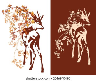 autumn season vector decor set  with wild deer stag standing among falling leaves and tree branches
