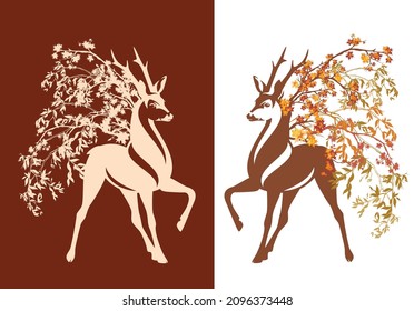 autumn season vector design set  with graceful wild deer stag standing among falling leaves and tree branches