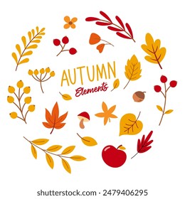 In: Autumn Season Vektorgrafik Element. Hintergrund von Herbstblättern, Beeren, Blumen und Eicheln.