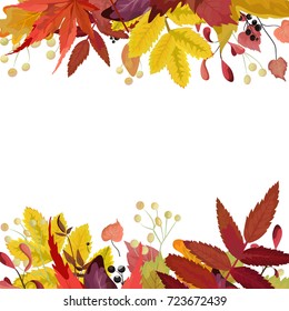 Autumn Season Vector Floral Watercolor Style Card Design  Border Frame: Colorful Orange Yellow Burgundy Red Fall Leaves Forest Maple Tree Branch Berries. Greeting Postcard Invite Decorative Copy Space