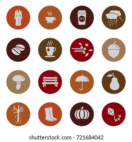Autumn season vector icon set, contains icons such as leaf, acorn, wind, coat, boots and others