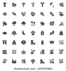 Autumn season vector icons set, modern solid symbol collection, filled style pictogram pack. Signs, logo illustration. Set includes icons as Mushroom, leaf, rain, clouds, wind, coat, boot, umbrella