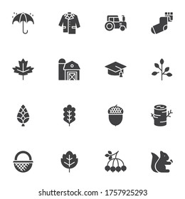 Autumn season vector icons set, modern solid symbol collection, filled style pictogram pack. Signs, logo illustration. Set includes icons as rain umbrella, coat, firewood, harvest warehouse, tractor