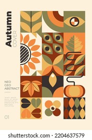 Autumn season. Vector illustration with colorful abstract geometric shapes. Simple minimalist neo geo design. Useful for cover, flyer, poster, prints.