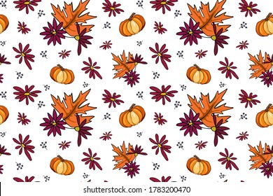 Patrón sin fisuras vectorial de temporada otoño con calabaza dibujada a mano, flores, hojas. Antecedentes repetidos dibujados a mano para textiles, papel de embalaje, tarjeta de saludo e invitación a vacaciones de otoño estacionales