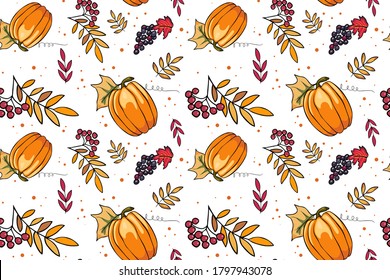 Autumn season vector seamless pattern with hand drawn pumpkin, grapes, rowan, leaves. Hand drawn repeated background for textile, wrapping paper, greeting card and invitation of seasonal fall holidays