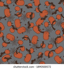 Autumn season vector seamless pattern composed of pumpking, bats, spiderwebs chaotic version