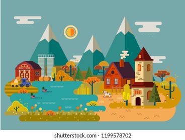 Autumn season at village with barn and house, church and lake with ducks, farm with cow, field with harvest. Fall at rural town with mountains and trees. Countryside landscape and agriculture theme