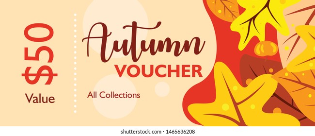 Autumn season voucher design template with falling maple leaves shape on colorful background. Card, poster, layout for coupon. Illustration vector for print