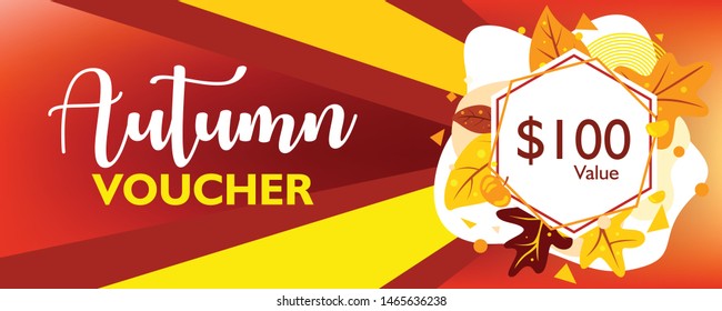 Autumn season voucher design template with falling maple leaves shape on colorful background. Card, poster, layout for coupon. Vector illustration