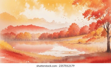 Autumn season watercolor landscape drawing illustration. Orange tones sky color, clouds, mountains, lake, and tree foliage. Autumn park watercolor illustration.