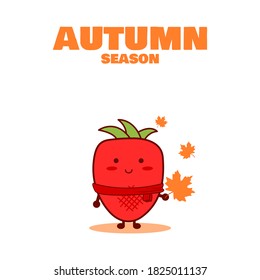 Autumn season. Welcome to autumn. Happy autumn. Cute style strawberry character. Illustration vector.