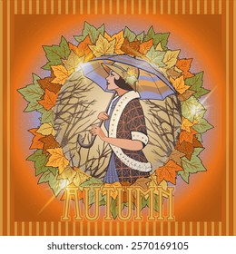 Autumn season woman in style art deco, vector illustration